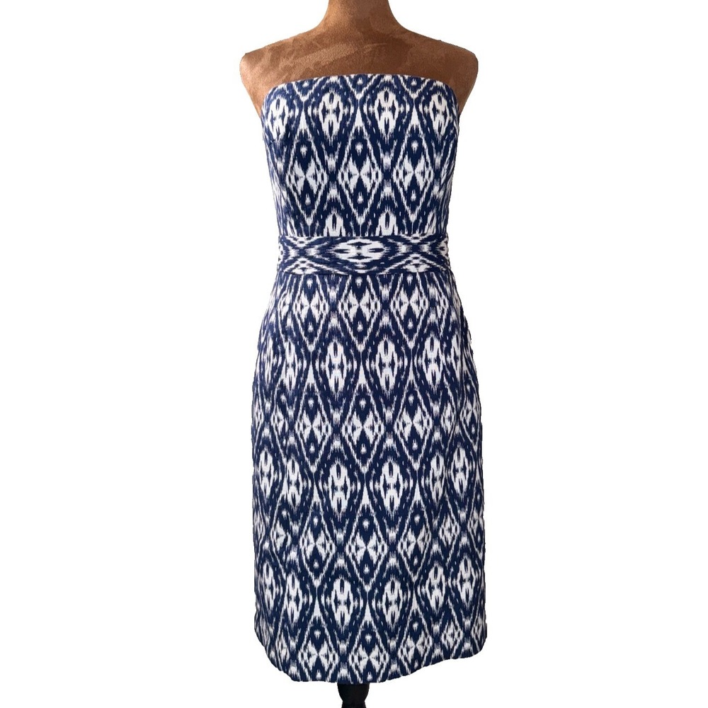 Banana Republic Day Dress Strapless Ikat Dress Women's 4 Navy White Lined EUC